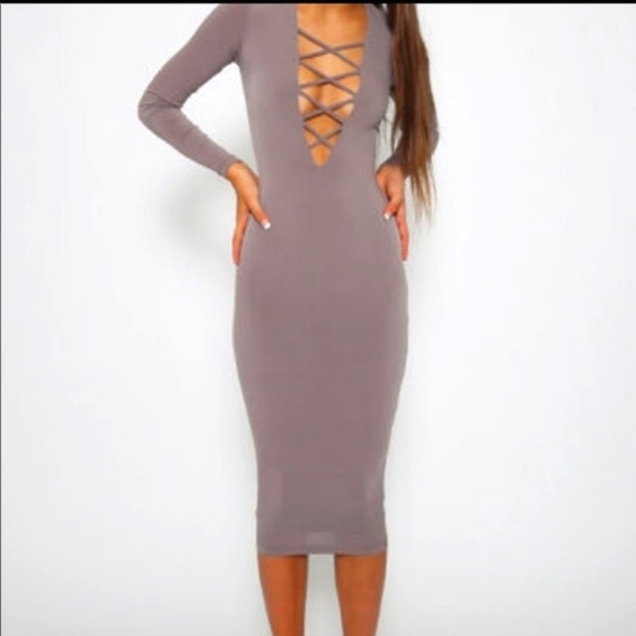 NOOKIE TI AMO LACE UP LONG SLEEVE MIDI DRESS IN TAUPE sz XS - Picture 2 of 7